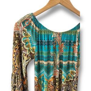 Women’s Boutique Blue Teal Turquoise 3/4 Wing Sleeve Dress Printed Pattern Small